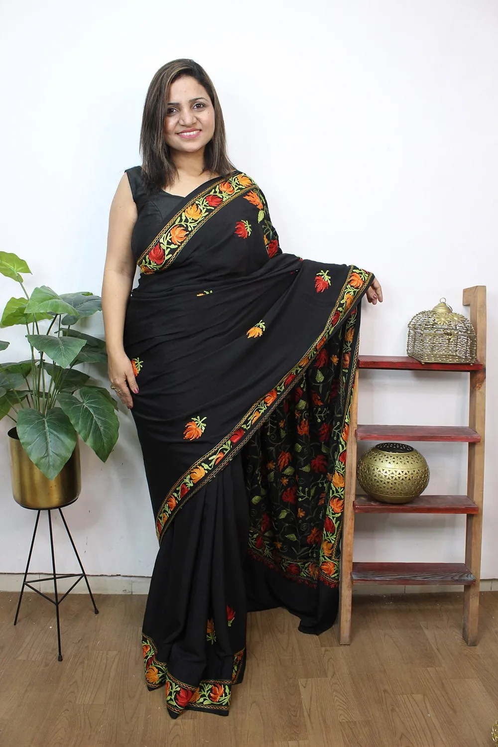 Black Embroidered Kashmiri Crepe Aari Work Saree