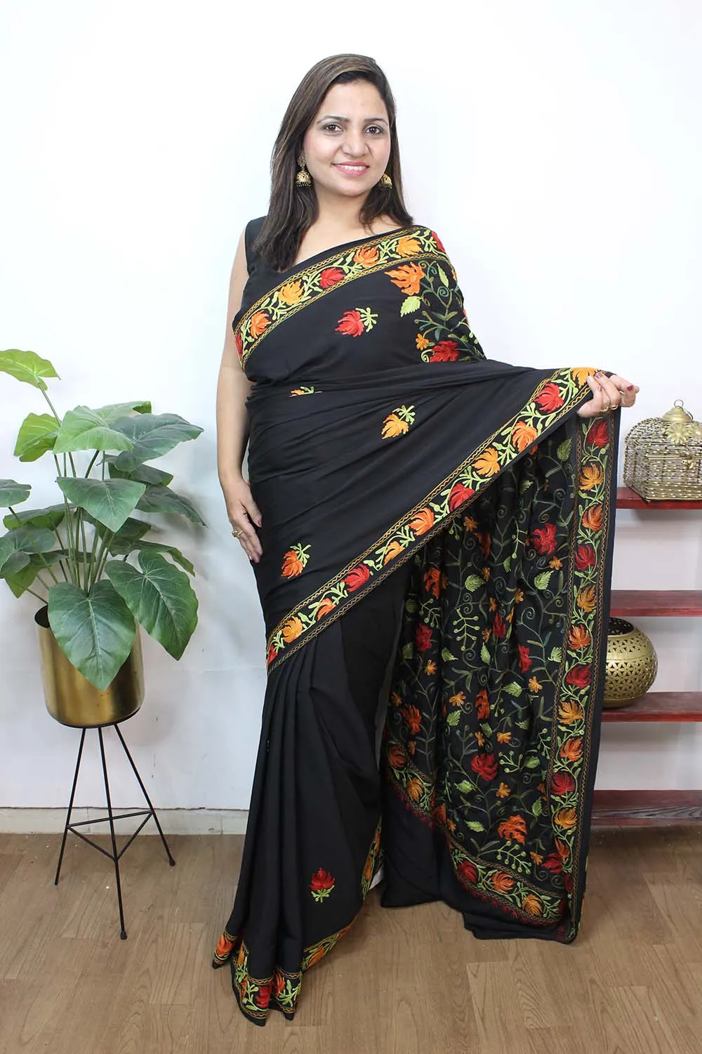 Black Embroidered Kashmiri Crepe Aari Work Saree