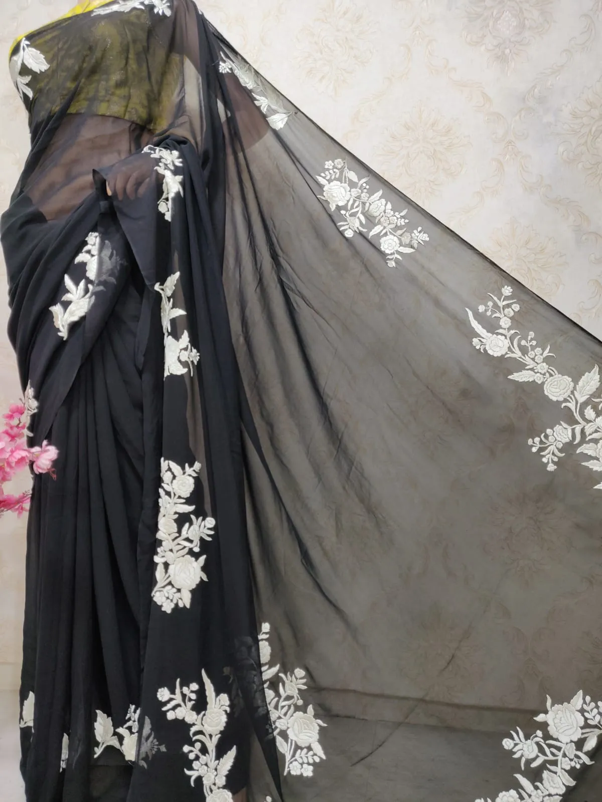 Black Hand Embroidered Parsi Gara Pure Georgette Saree