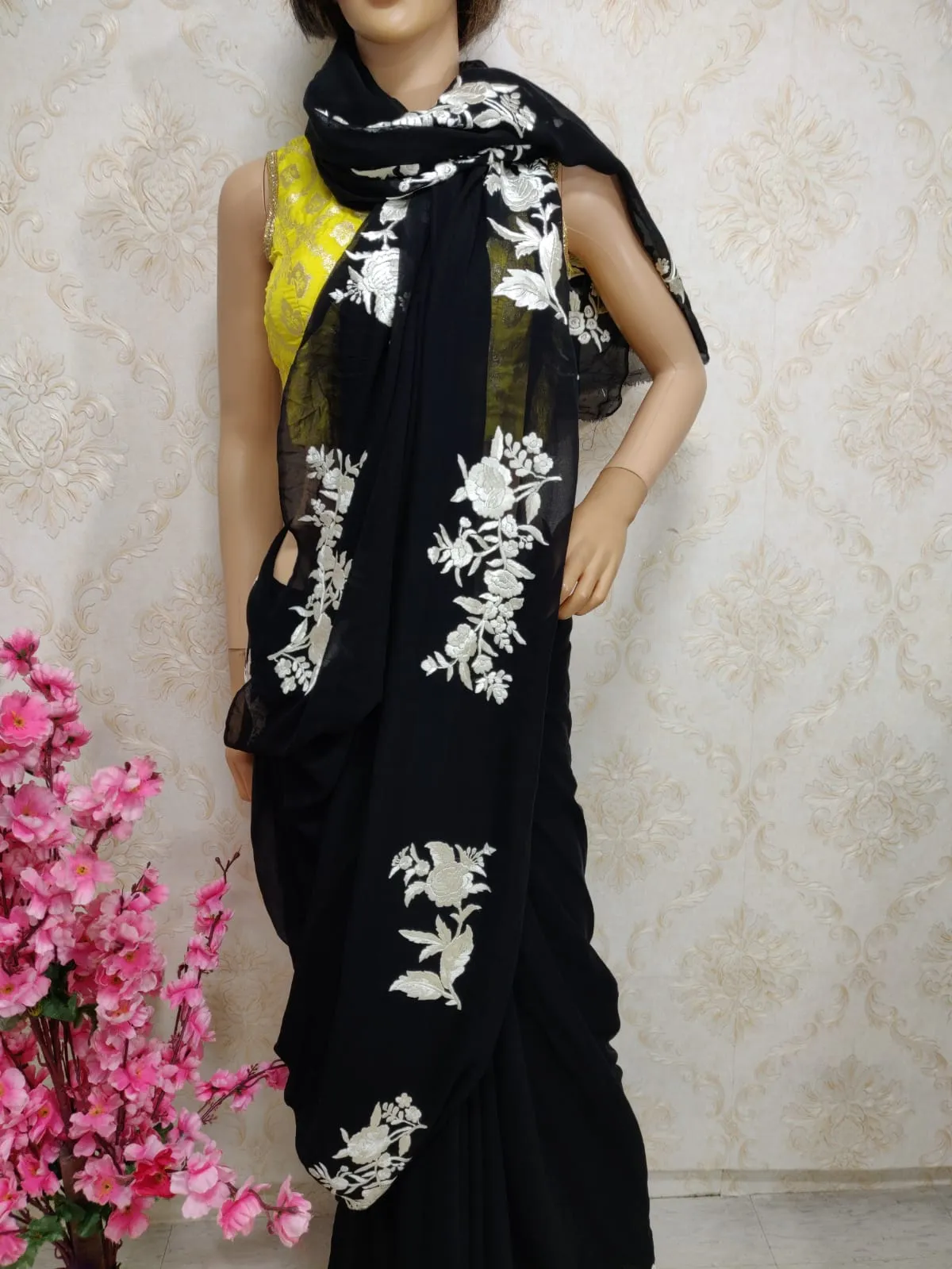 Black Hand Embroidered Parsi Gara Pure Georgette Saree