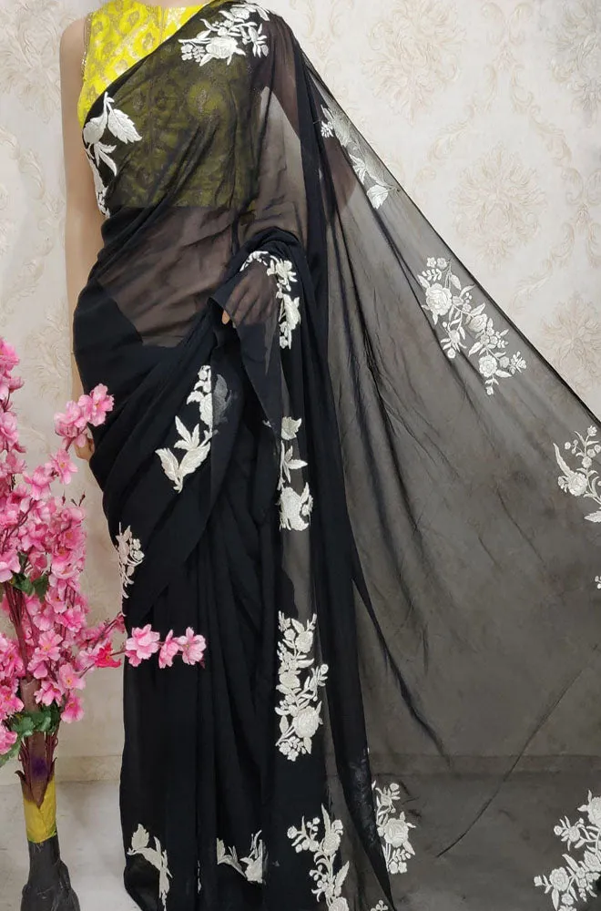 Black Hand Embroidered Parsi Gara Pure Georgette Saree