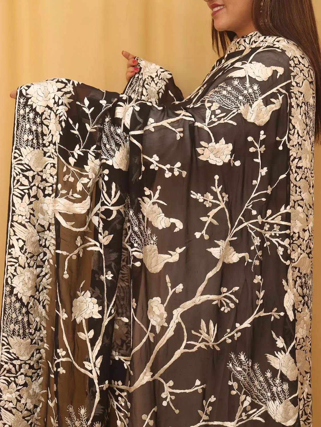 Black Hand Embroidered Parsi Pure Georgette Floral And Bird Design Dupatta