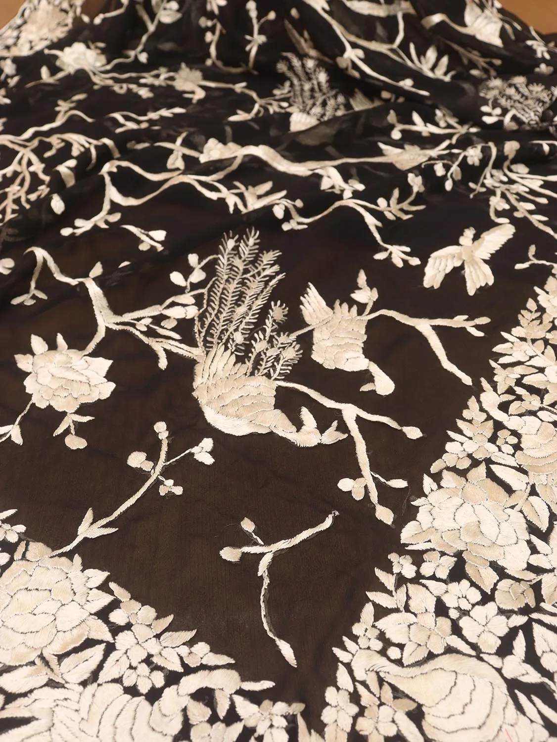 Black Hand Embroidered Parsi Pure Georgette Floral And Bird Design Dupatta