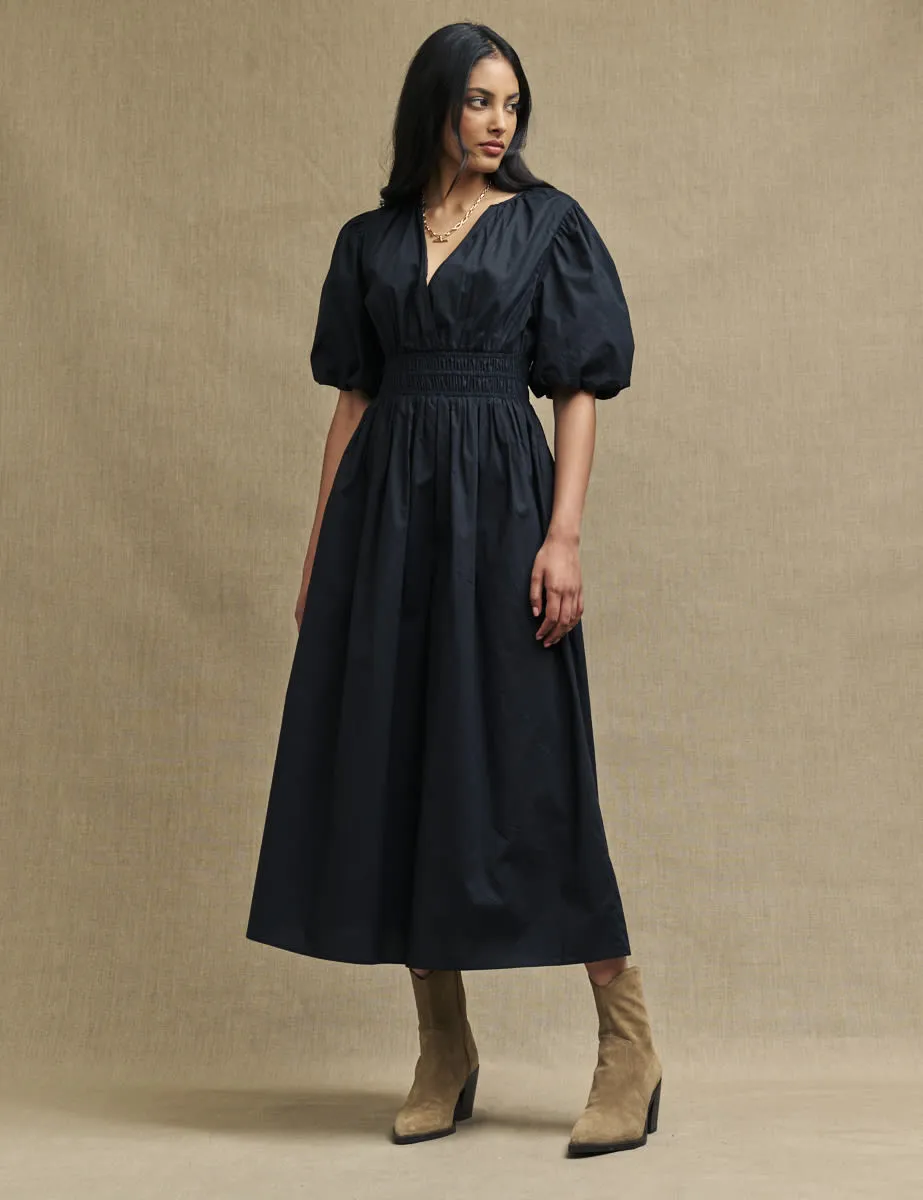 Black Puff Sleeve Athene Midi Dress