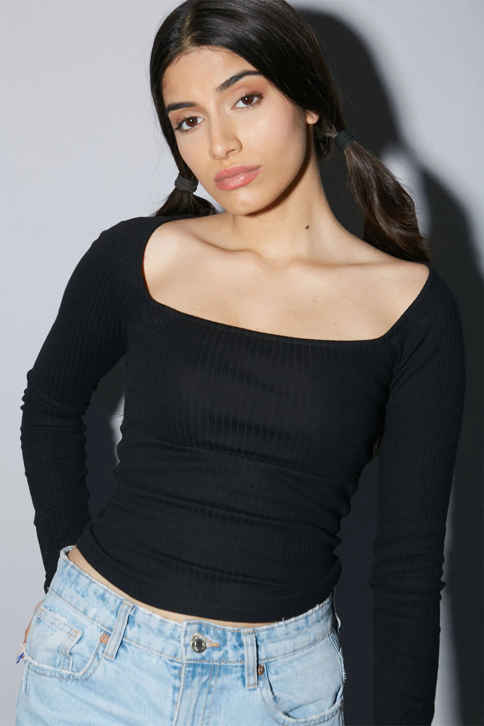 Black Ribbed Square Neck Top