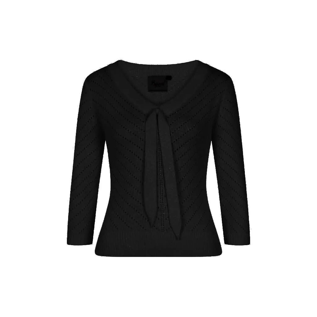 Black Vintage 3/4 Sleeve Knitted Tie Detail Top