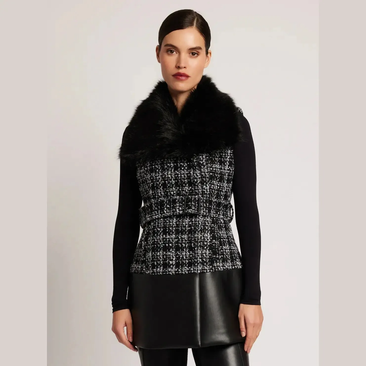 Blanc Noir Irina Boucle Faux Fur Collar Long Vest