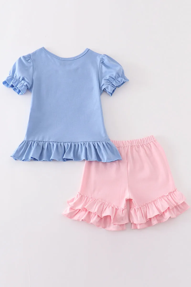 Blue apple applique girl set