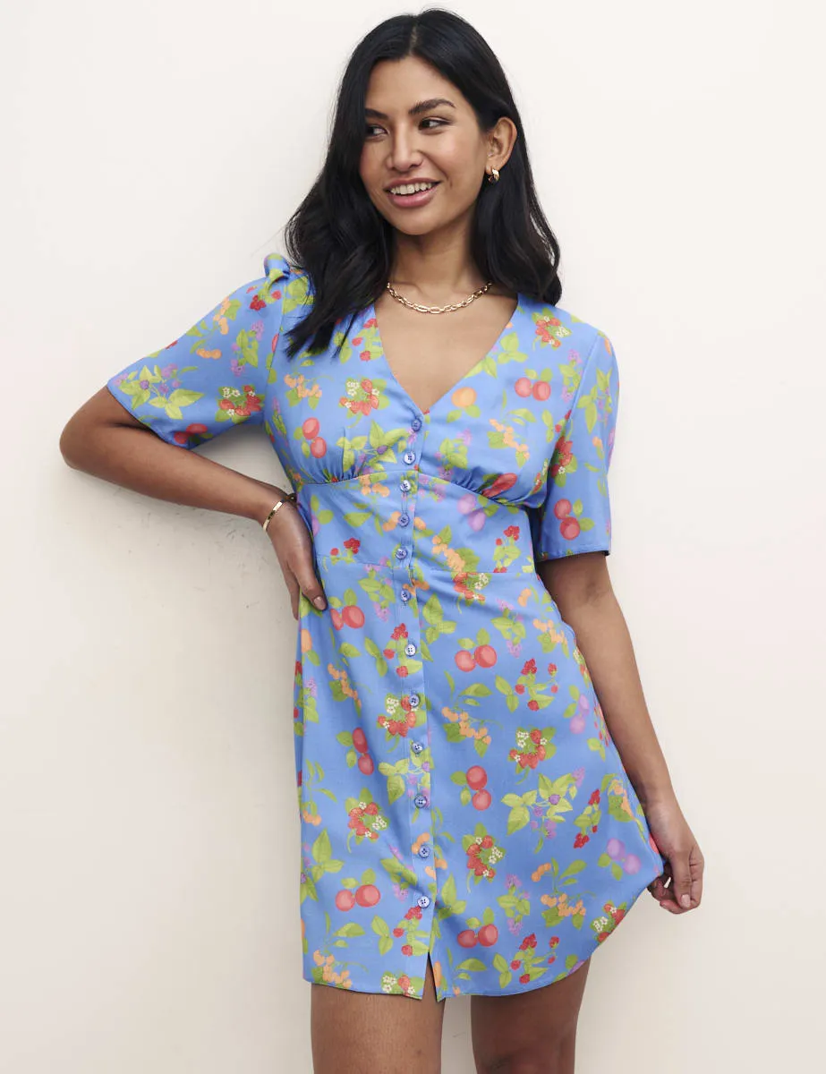 Blue Fruit Print Alexa Mini with Shirring Dress