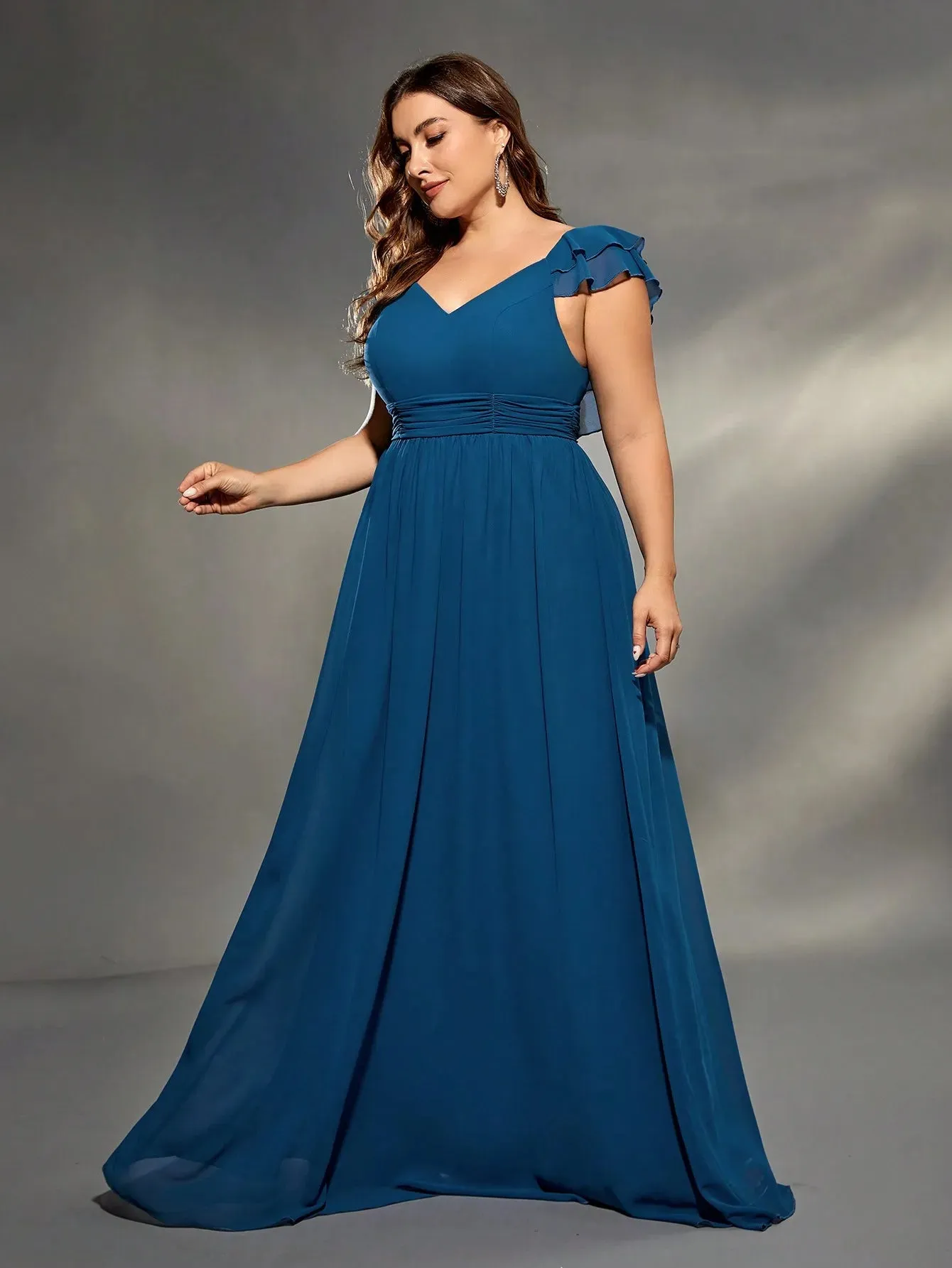 Blue Plus Size Cap Sleeve Chiffon Bridesmaid Party Dress