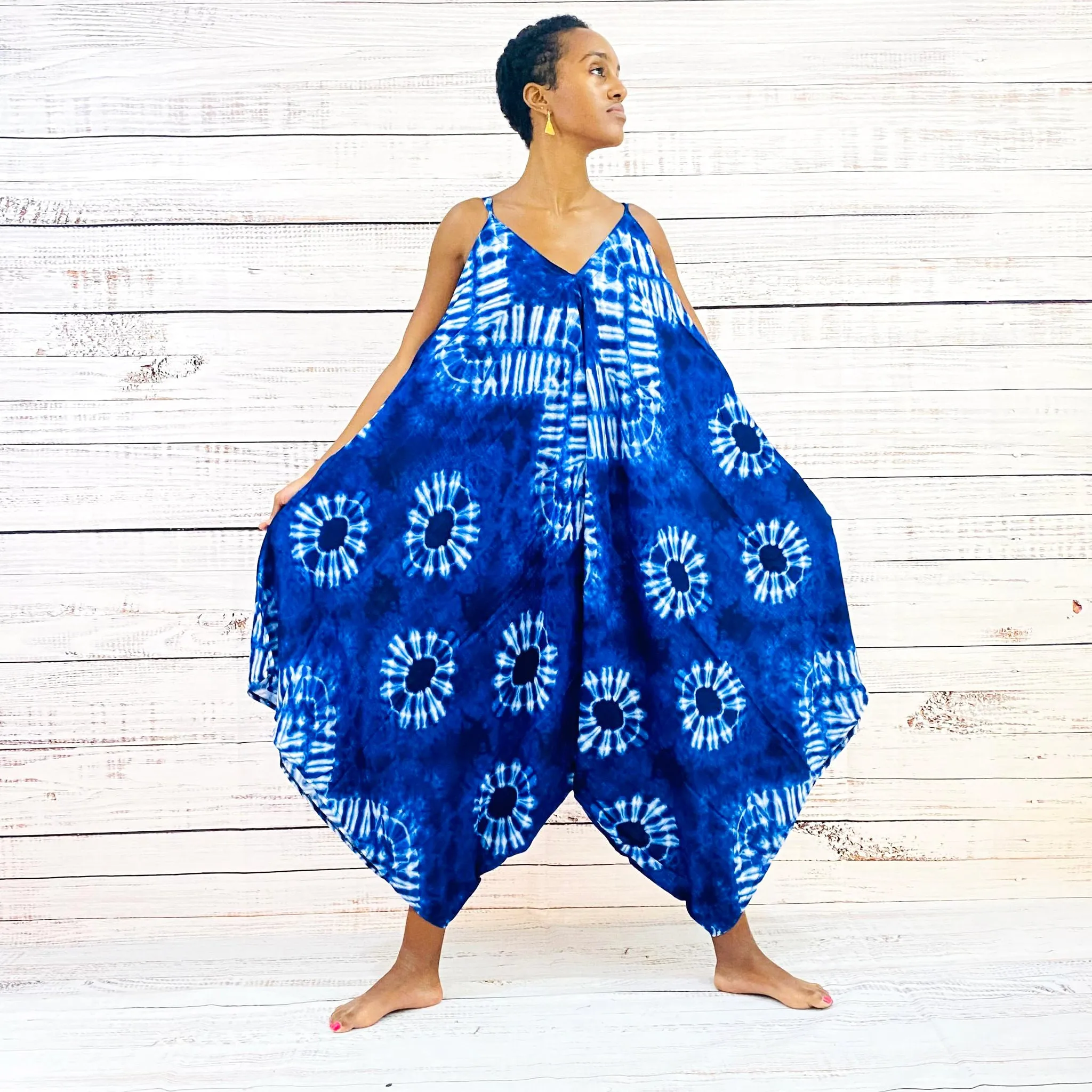 Blue Tie Dye Harem Summer Jumpsuit with Pocket