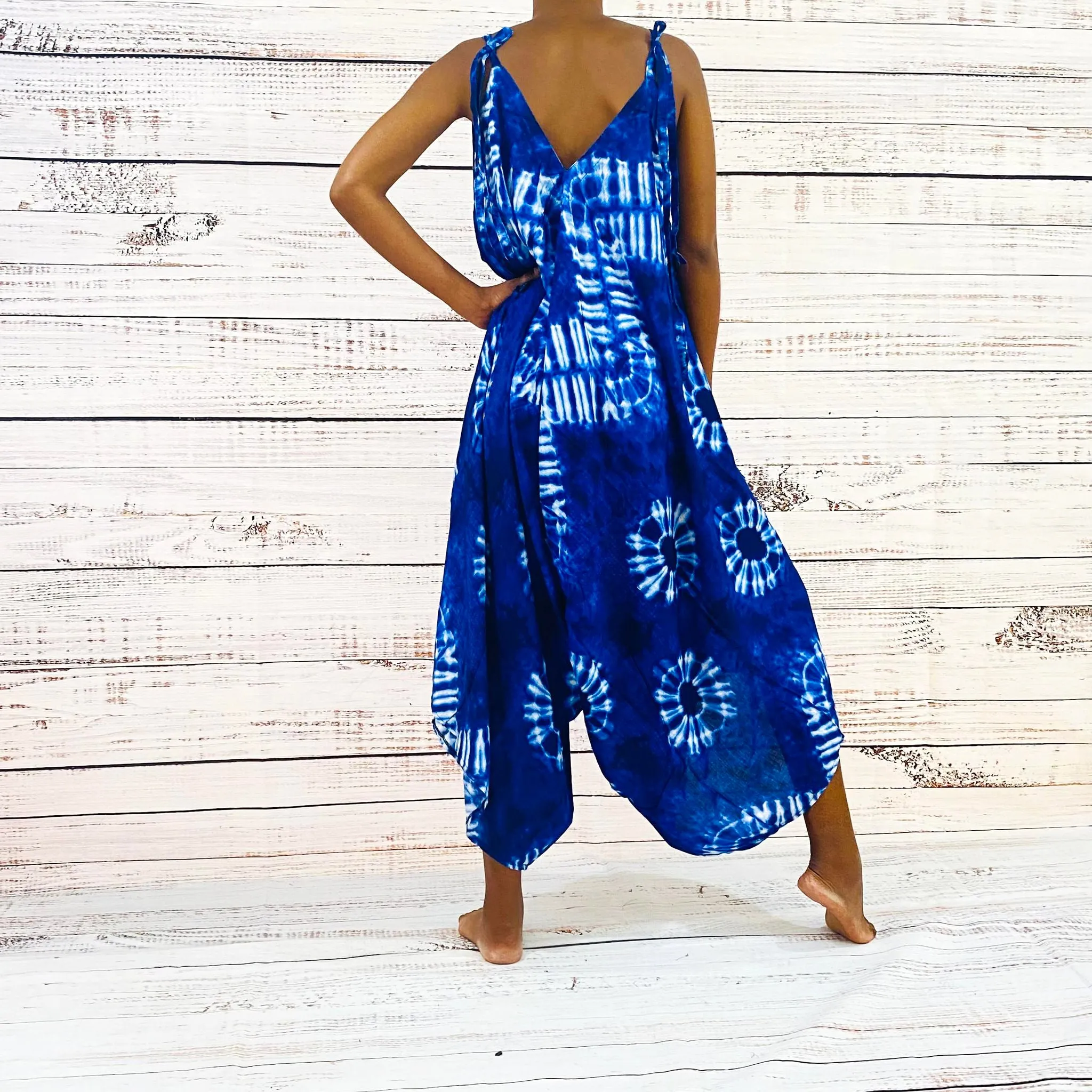 Blue Tie Dye Harem Summer Jumpsuit with Pocket