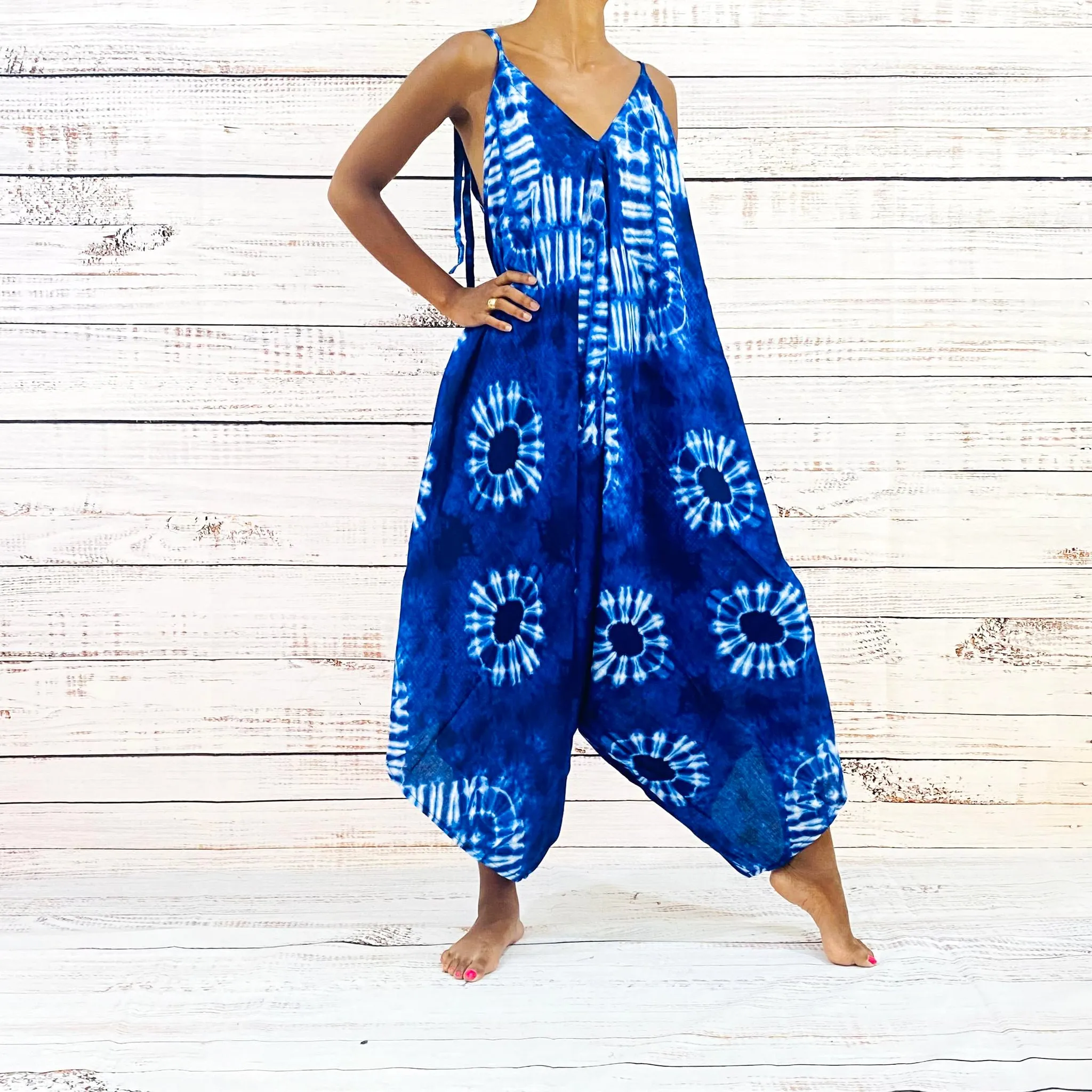 Blue Tie Dye Harem Summer Jumpsuit with Pocket