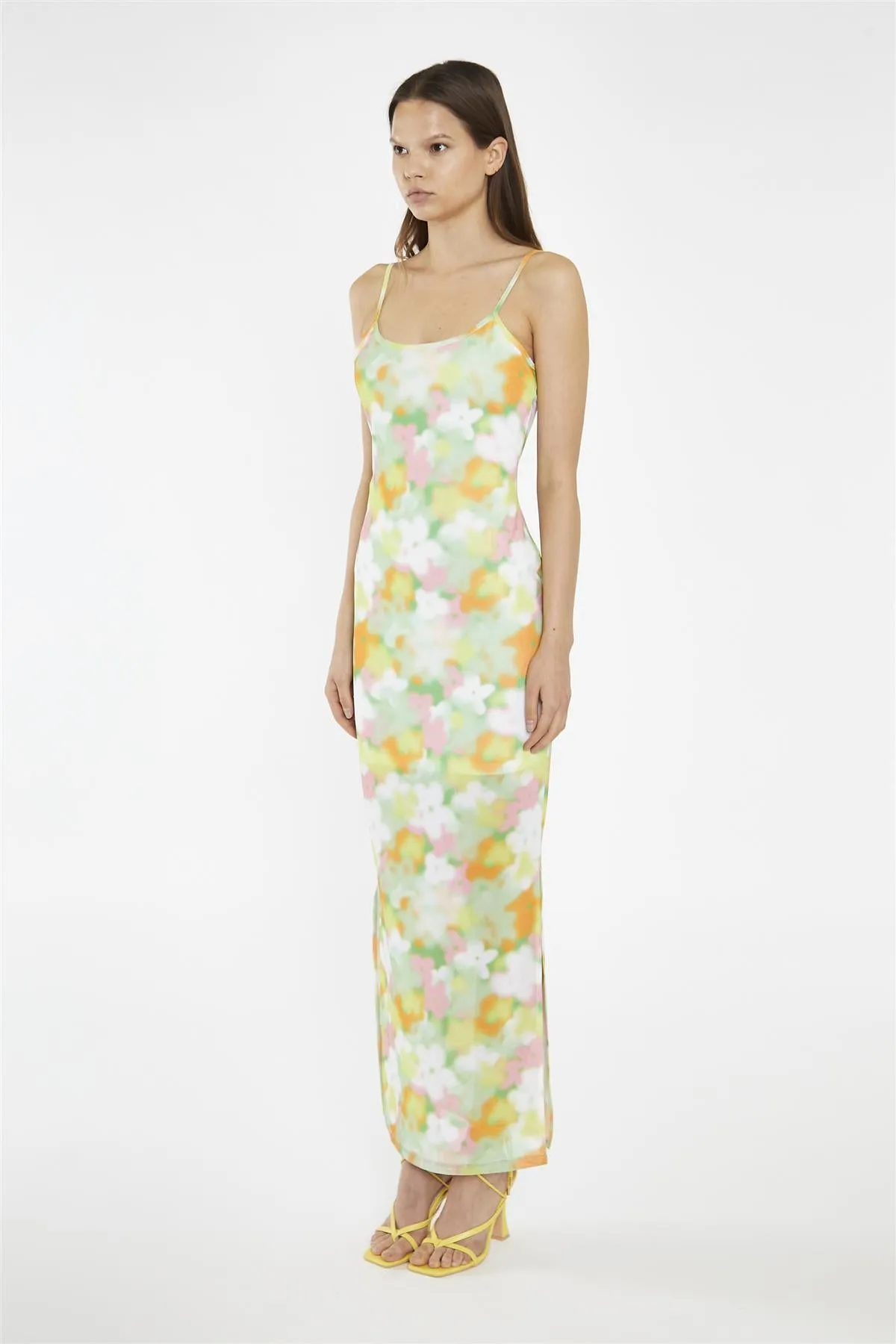 Blurred-Flower Mesh Bodycon Maxi-Dress