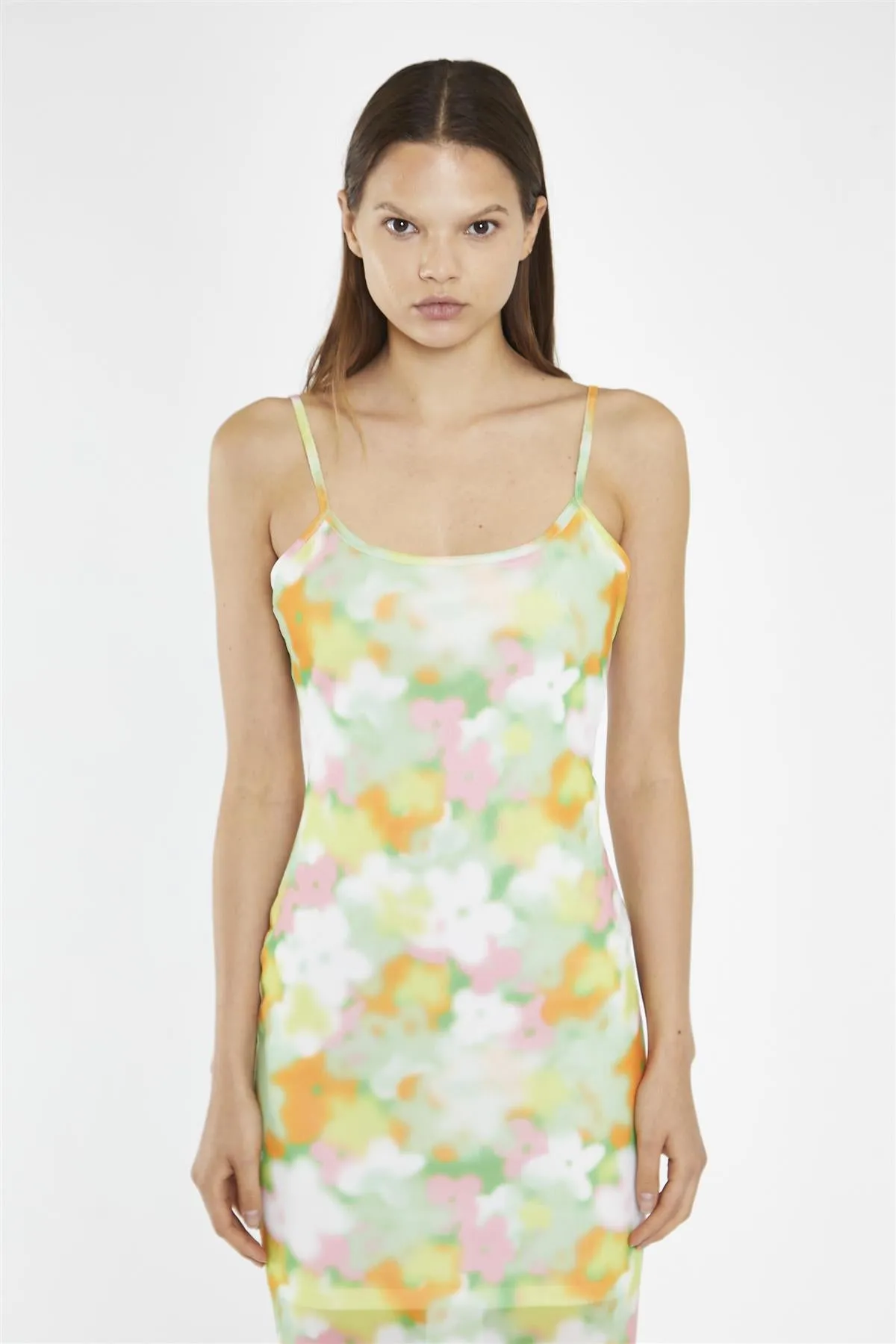 Blurred-Flower Mesh Bodycon Maxi-Dress