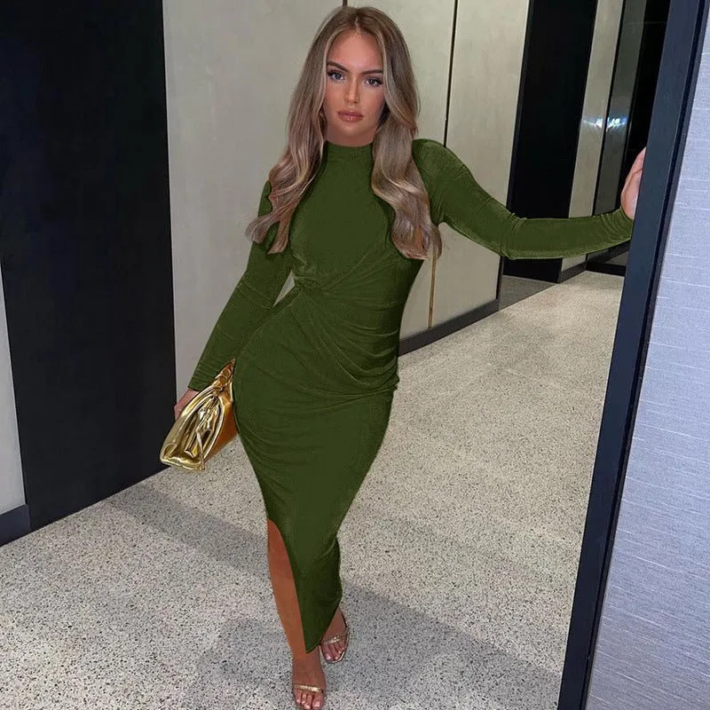 Body Con Long Sleeve Maxi Dress with Thigh Slit