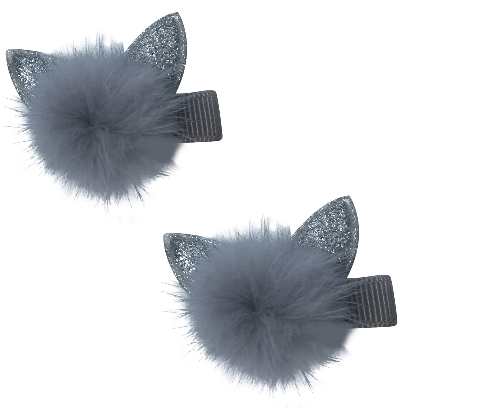 Bunk Punk Princess Silver Ears, Grey Pom Pom (Set of 2 Alligator Clips)