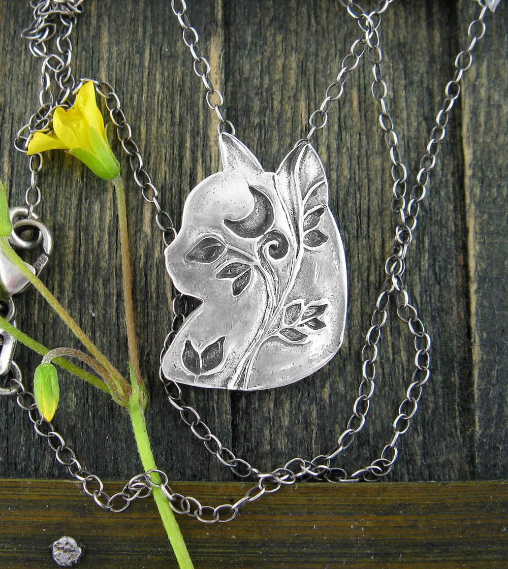 Cat Head Silhouette Pendant w/ Crescent Moon & Vines, 100% Handmade