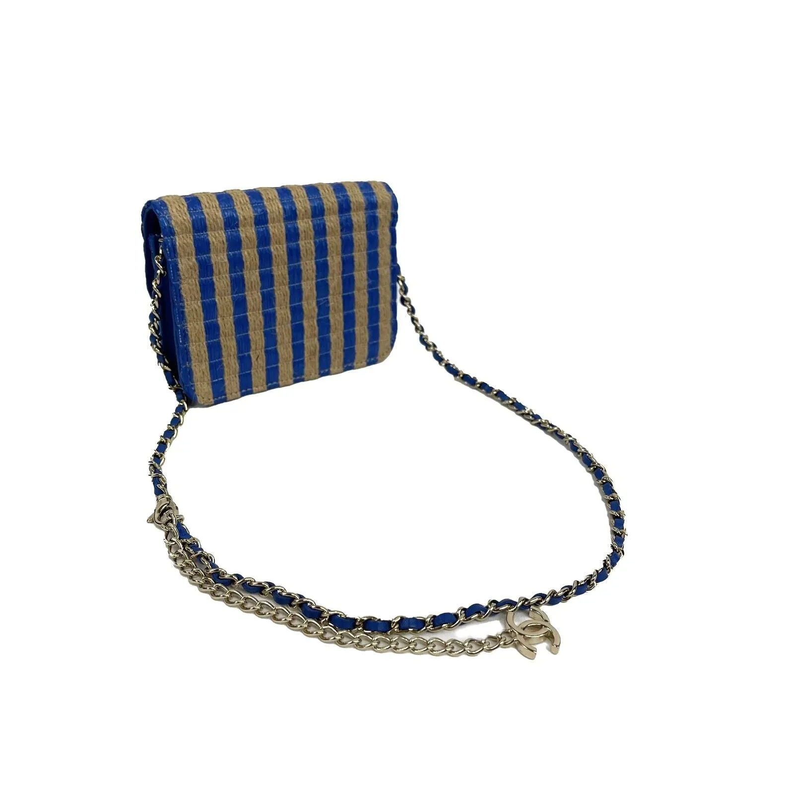 CHANEL - 2021 Raffia Jute Striped Belt Bag - Blue / Beige / Gold Hardware