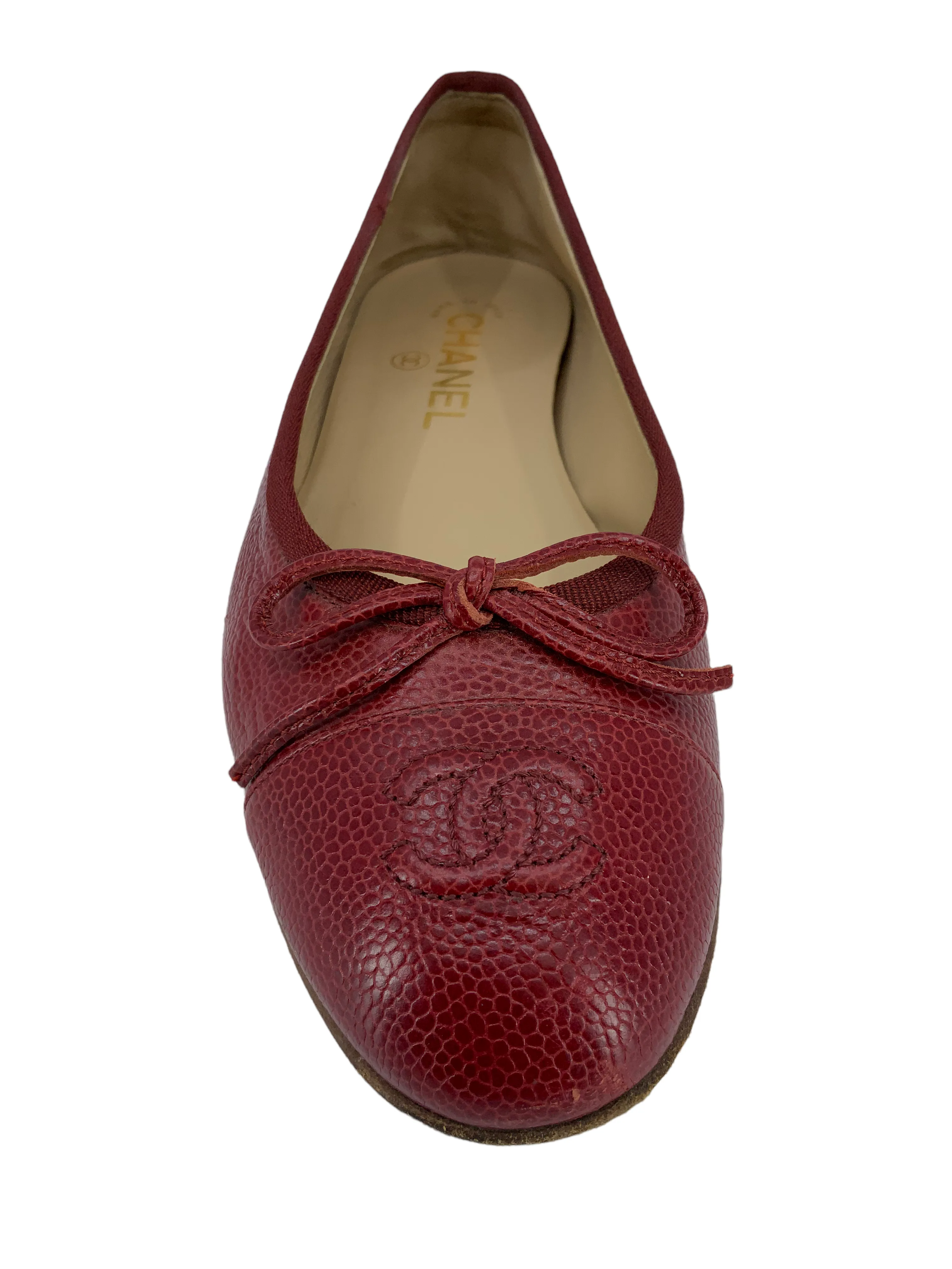 Chanel CC Cap Toe Caviar Leather Ballet Flats Size 7.5