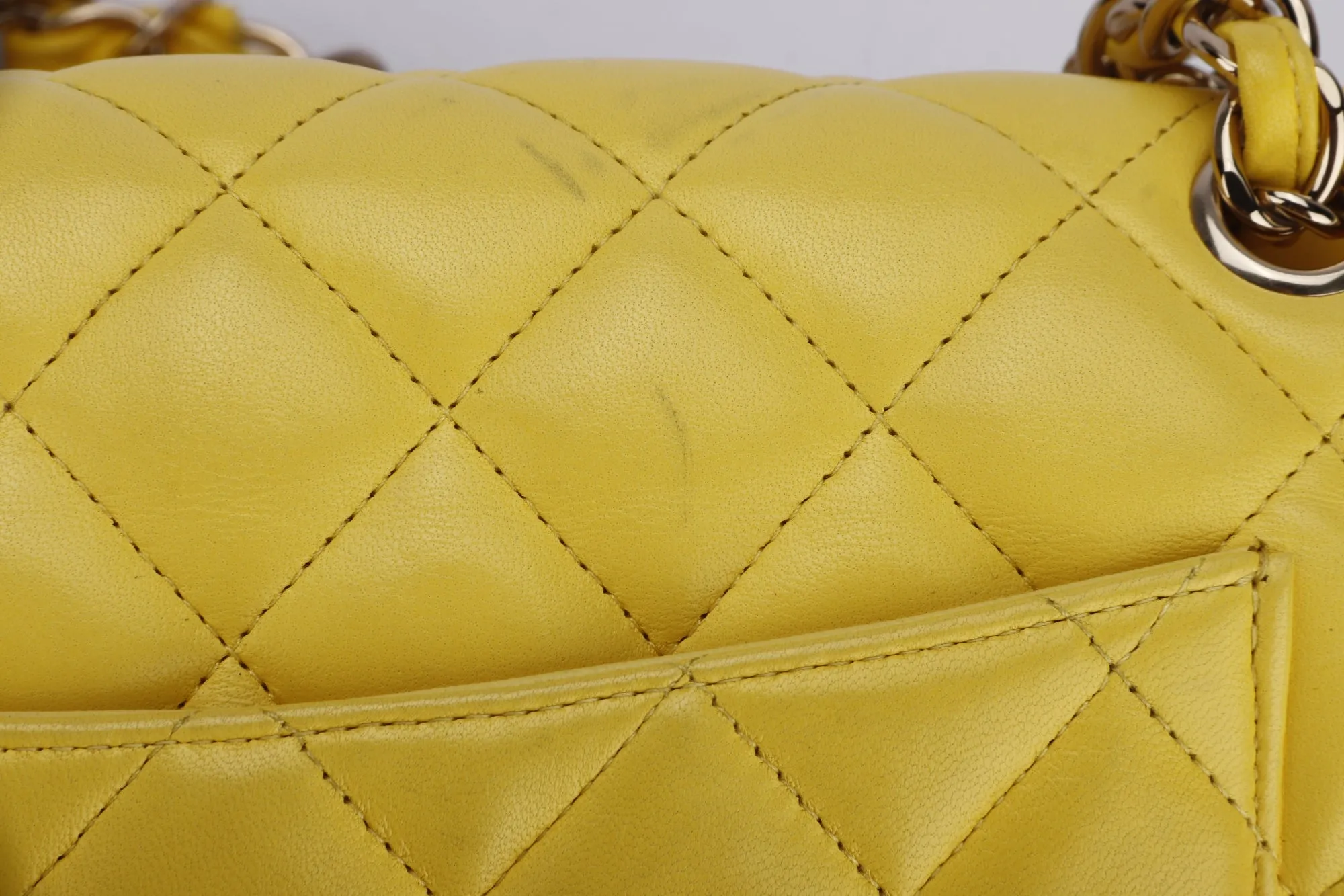 Chanel Classic Flap (1596xxxx) Jumbo Yellow Lambskin, Light Gold Hardware, with Card, no Dust Cover