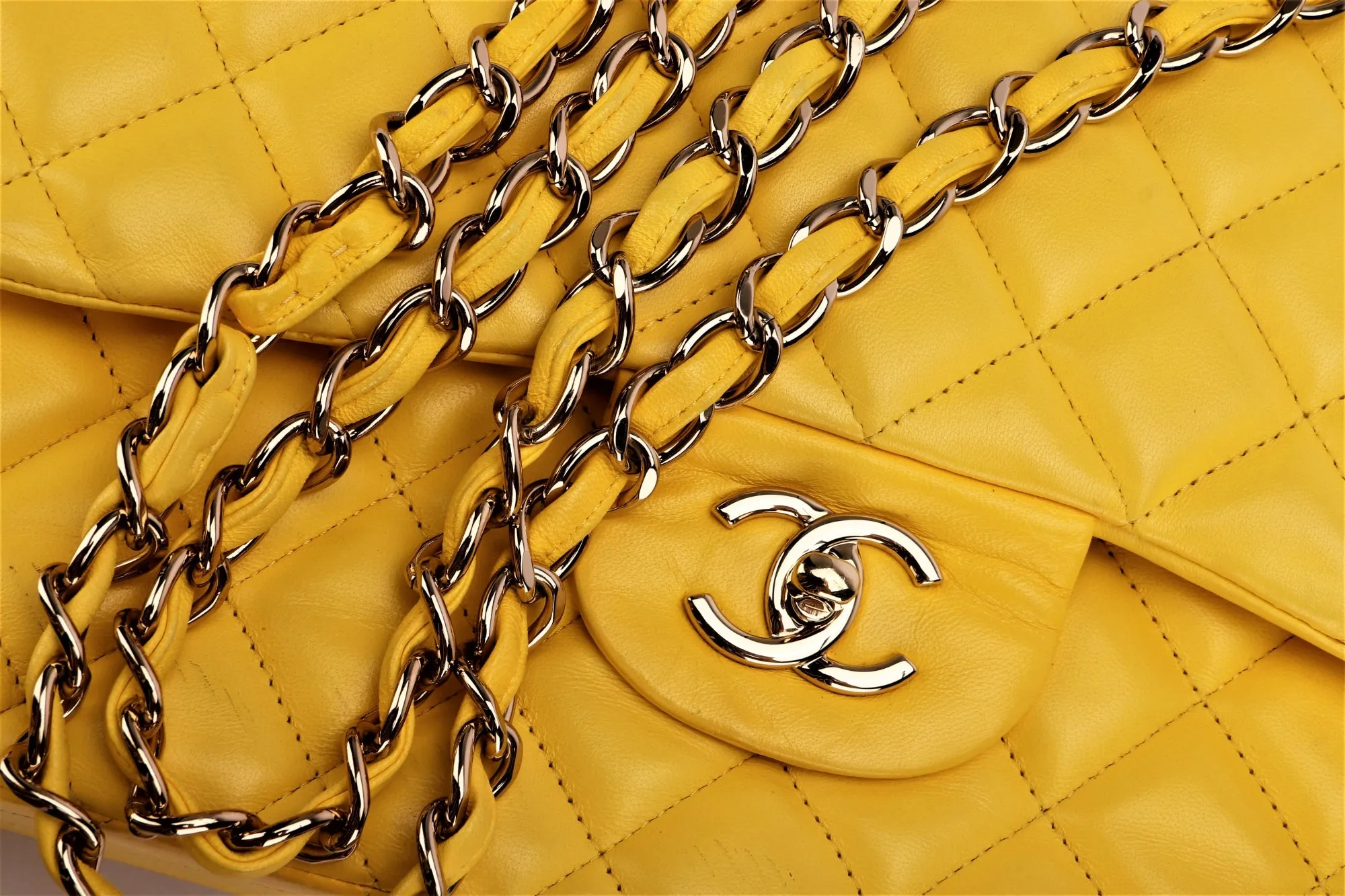 Chanel Classic Flap (1596xxxx) Jumbo Yellow Lambskin, Light Gold Hardware, with Card, no Dust Cover