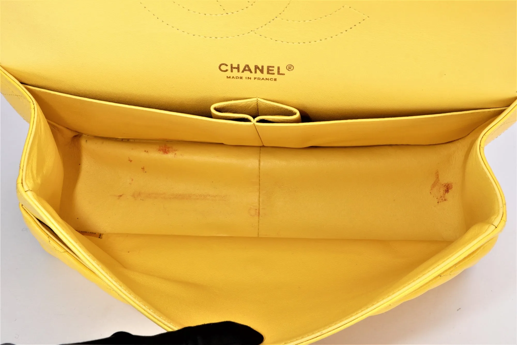 Chanel Classic Flap (1596xxxx) Jumbo Yellow Lambskin, Light Gold Hardware, with Card, no Dust Cover