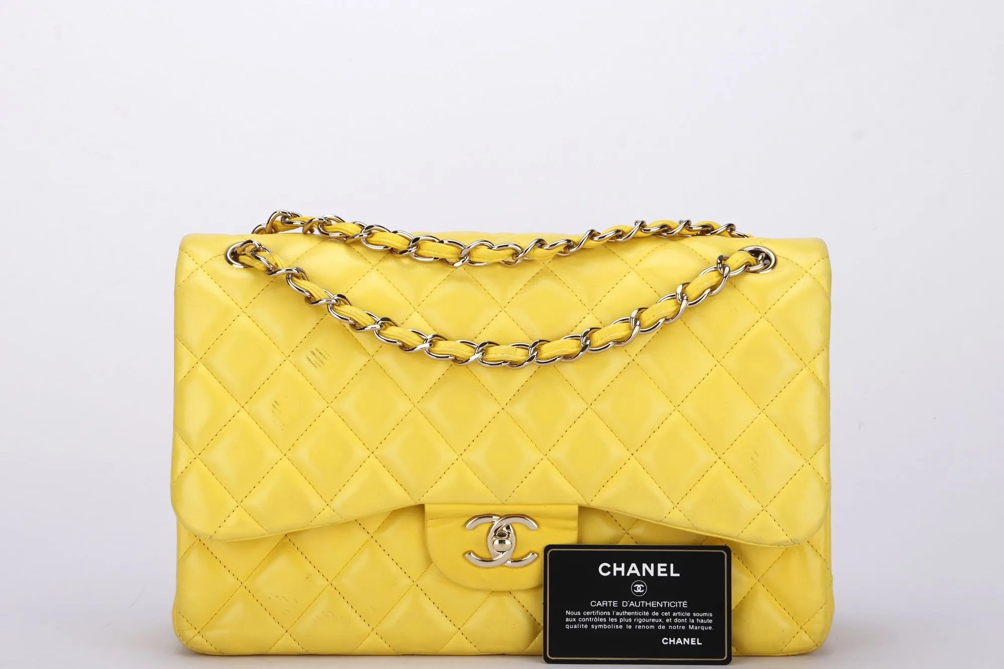 Chanel Classic Flap (1596xxxx) Jumbo Yellow Lambskin, Light Gold Hardware, with Card, no Dust Cover