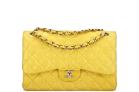 Chanel Classic Flap (1596xxxx) Jumbo Yellow Lambskin, Light Gold Hardware, with Card, no Dust Cover