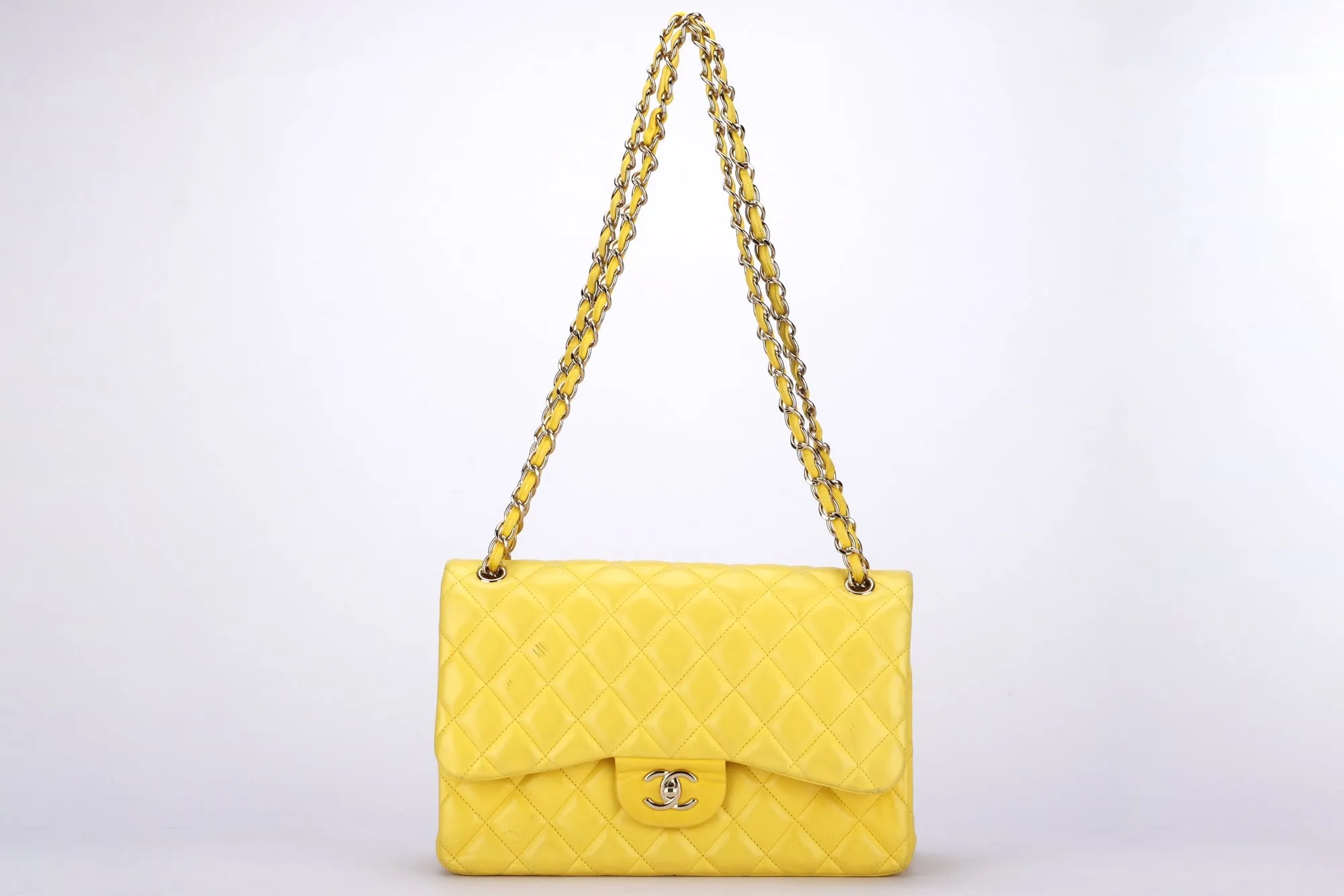 Chanel Classic Flap (1596xxxx) Jumbo Yellow Lambskin, Light Gold Hardware, with Card, no Dust Cover