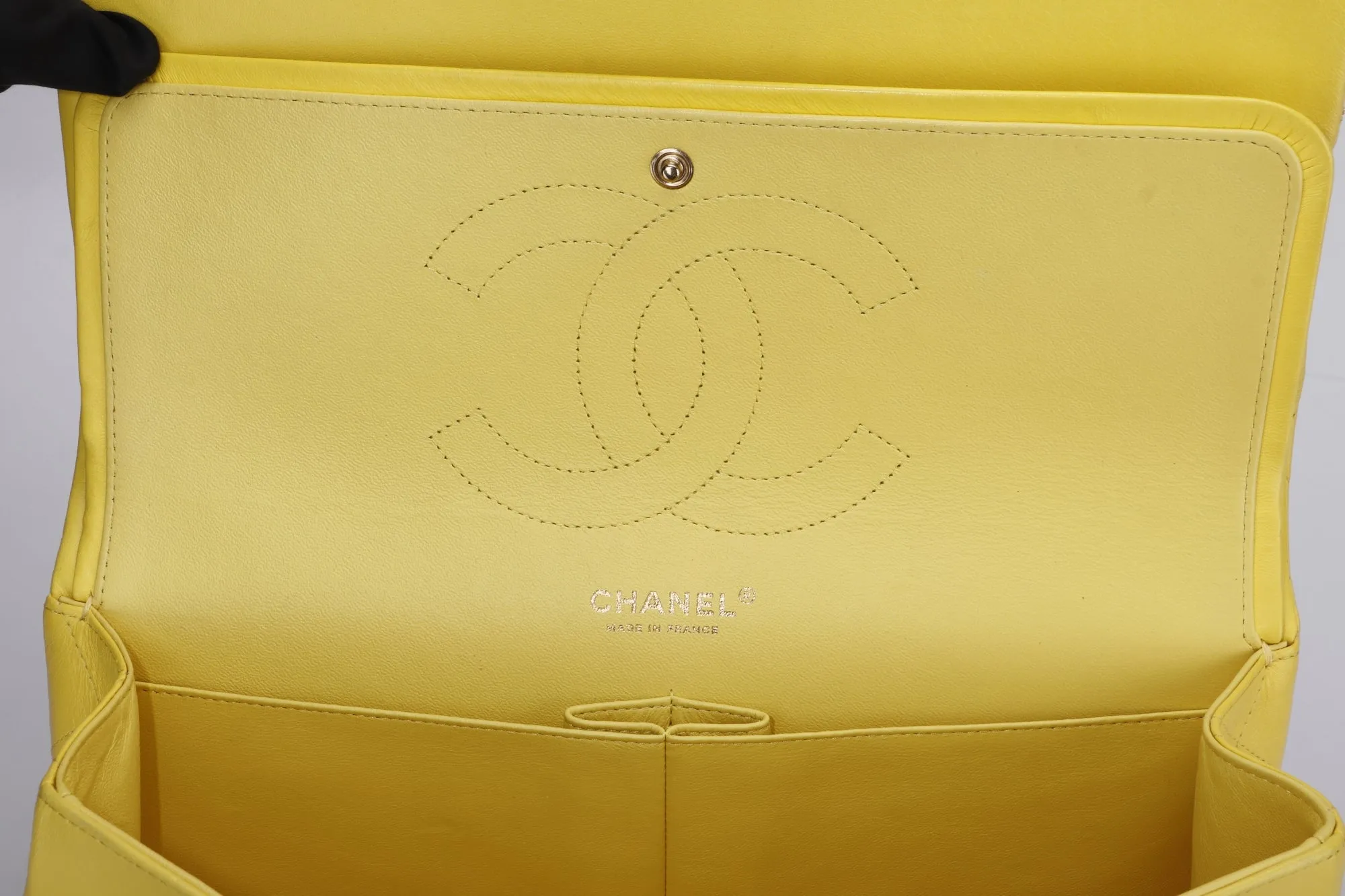 Chanel Classic Flap (1596xxxx) Jumbo Yellow Lambskin, Light Gold Hardware, with Card, no Dust Cover