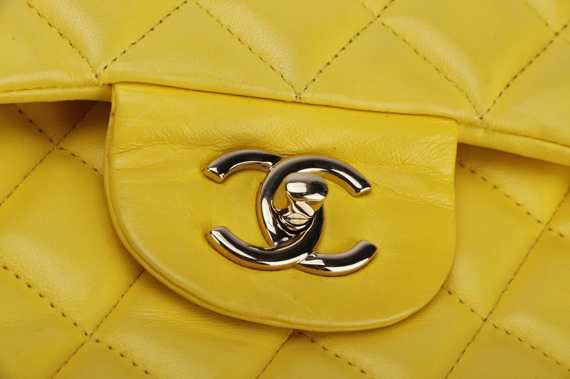 Chanel Classic Flap (1596xxxx) Jumbo Yellow Lambskin, Light Gold Hardware, with Card, no Dust Cover