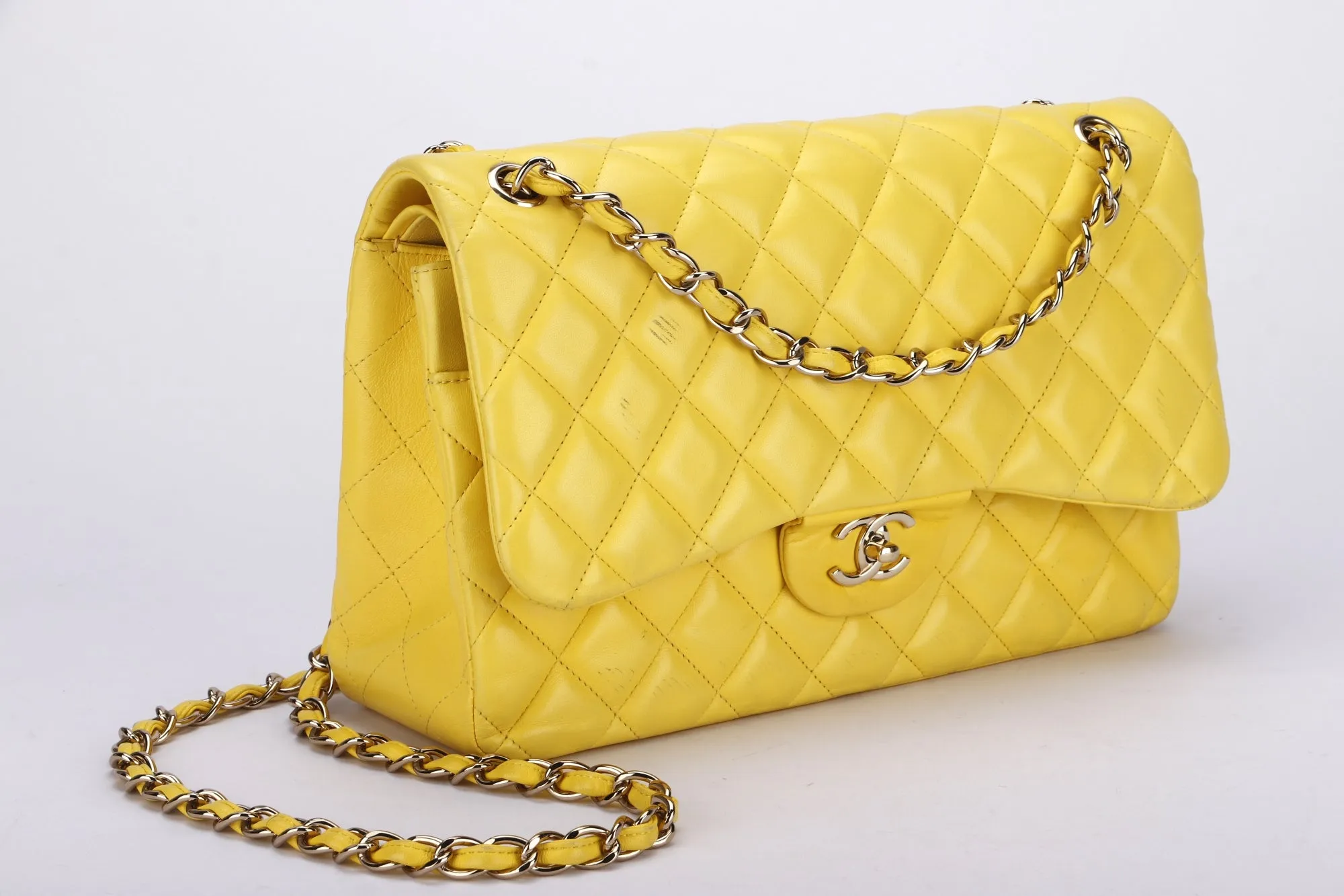 Chanel Classic Flap (1596xxxx) Jumbo Yellow Lambskin, Light Gold Hardware, with Card, no Dust Cover