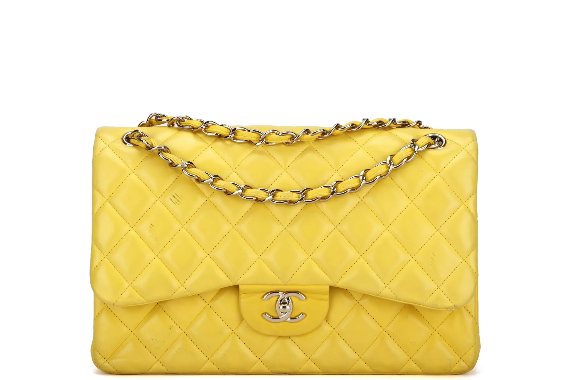 Chanel Classic Flap (1596xxxx) Jumbo Yellow Lambskin, Light Gold Hardware, with Card, no Dust Cover