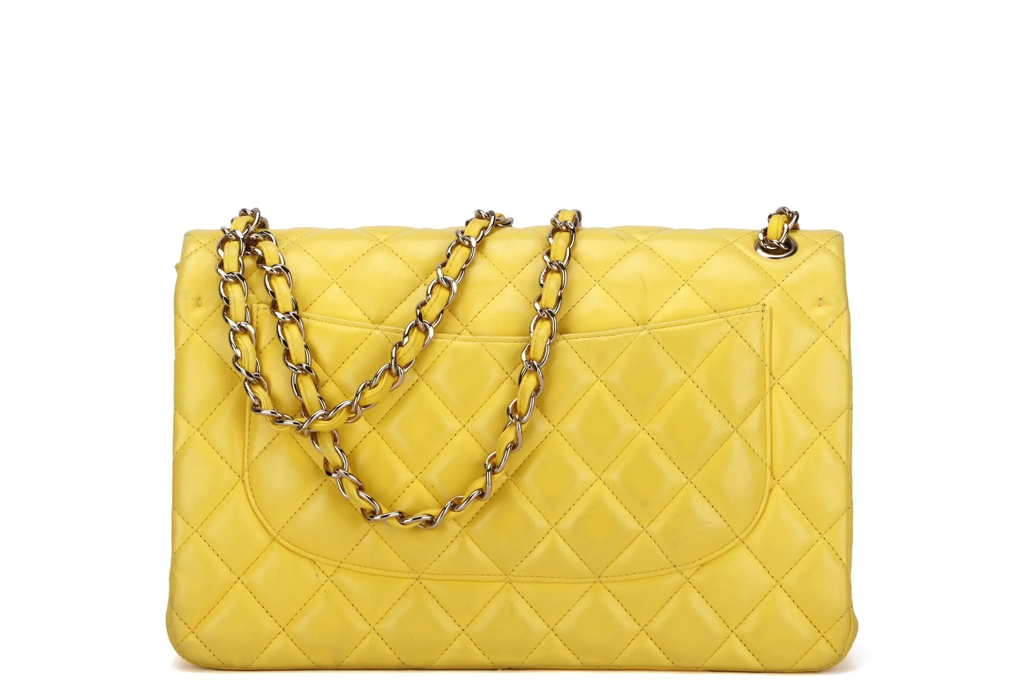 Chanel Classic Flap (1596xxxx) Jumbo Yellow Lambskin, Light Gold Hardware, with Card, no Dust Cover