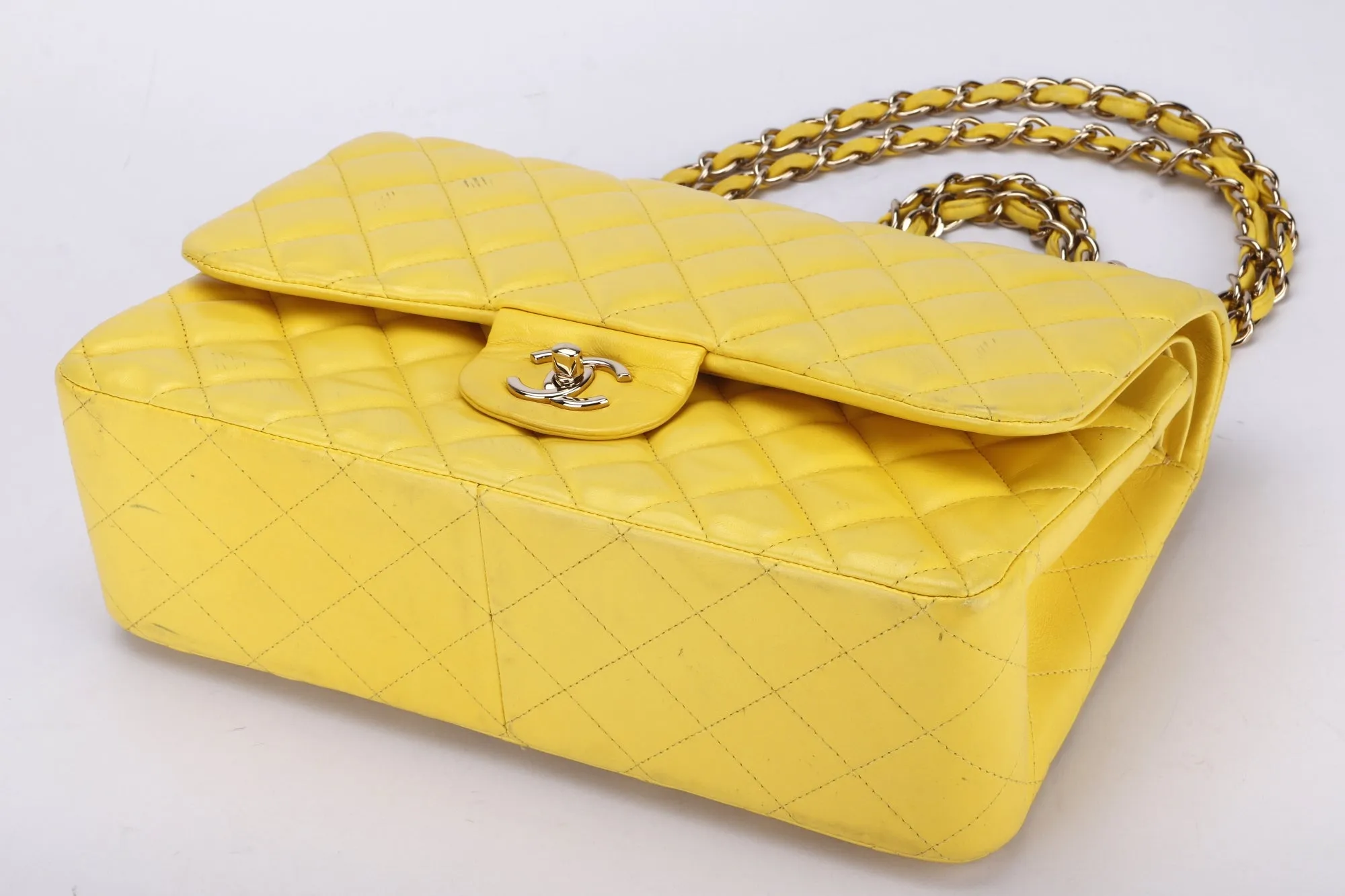 Chanel Classic Flap (1596xxxx) Jumbo Yellow Lambskin, Light Gold Hardware, with Card, no Dust Cover