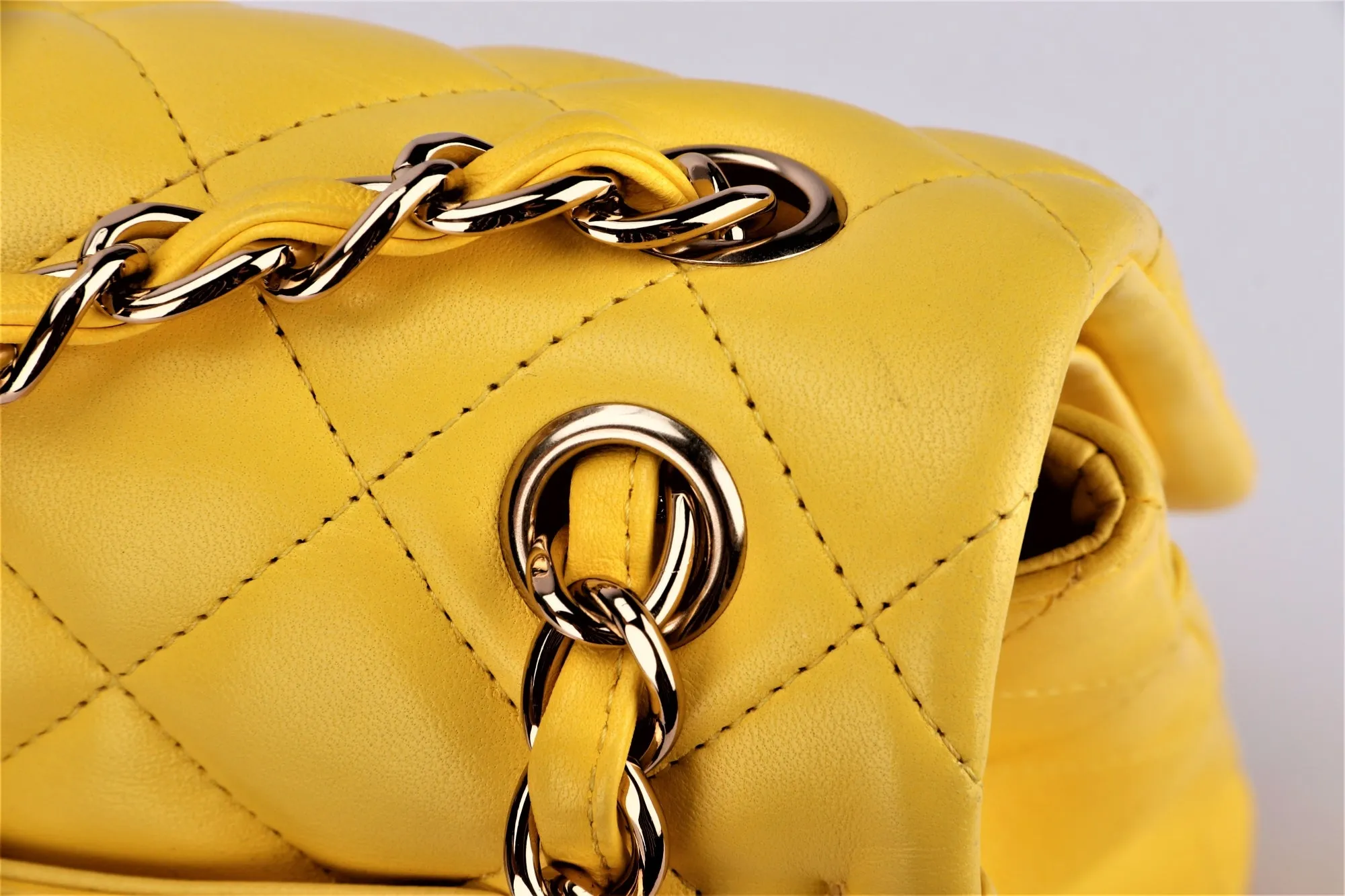 Chanel Classic Flap (1596xxxx) Jumbo Yellow Lambskin, Light Gold Hardware, with Card, no Dust Cover