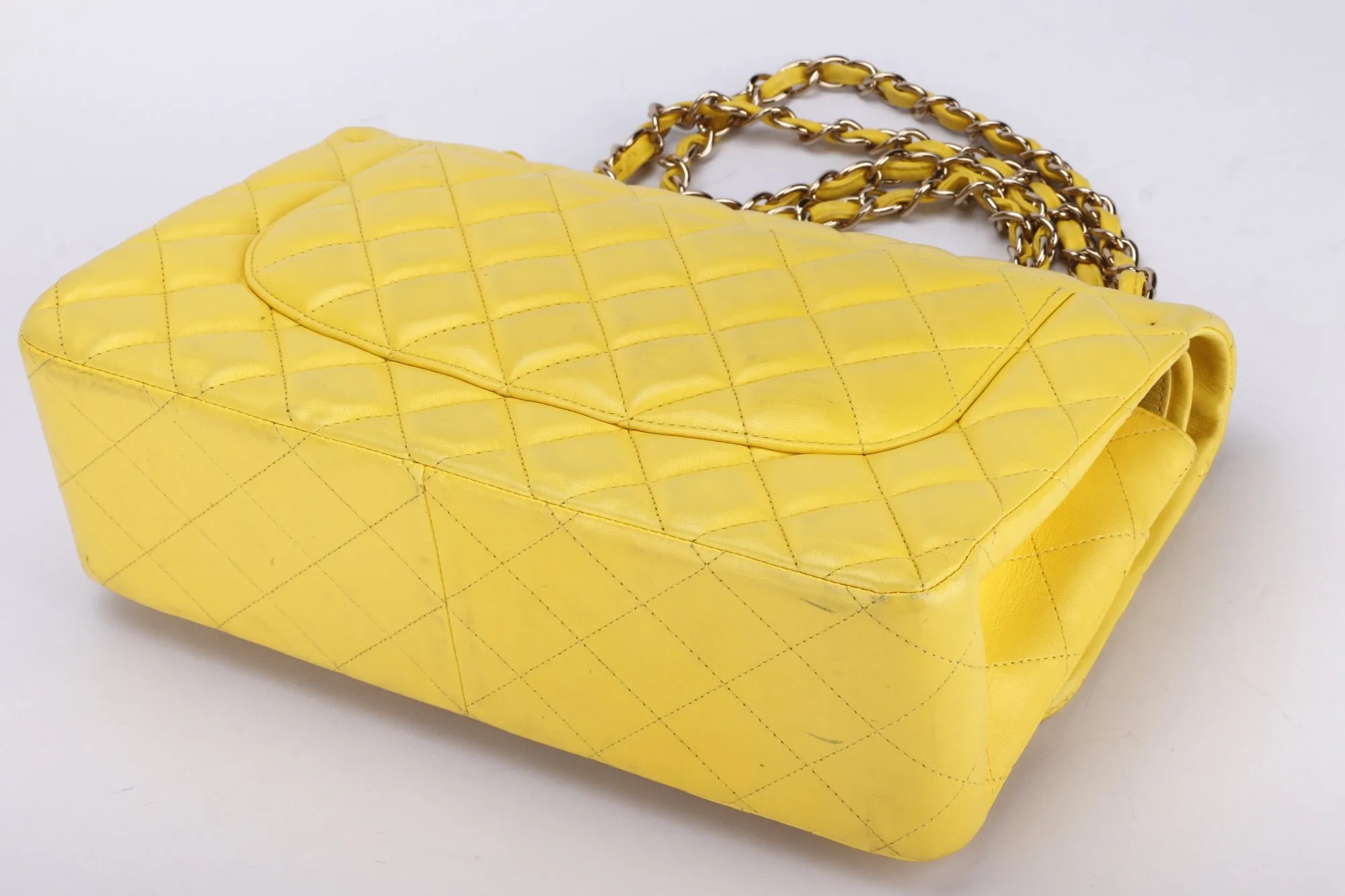 Chanel Classic Flap (1596xxxx) Jumbo Yellow Lambskin, Light Gold Hardware, with Card, no Dust Cover