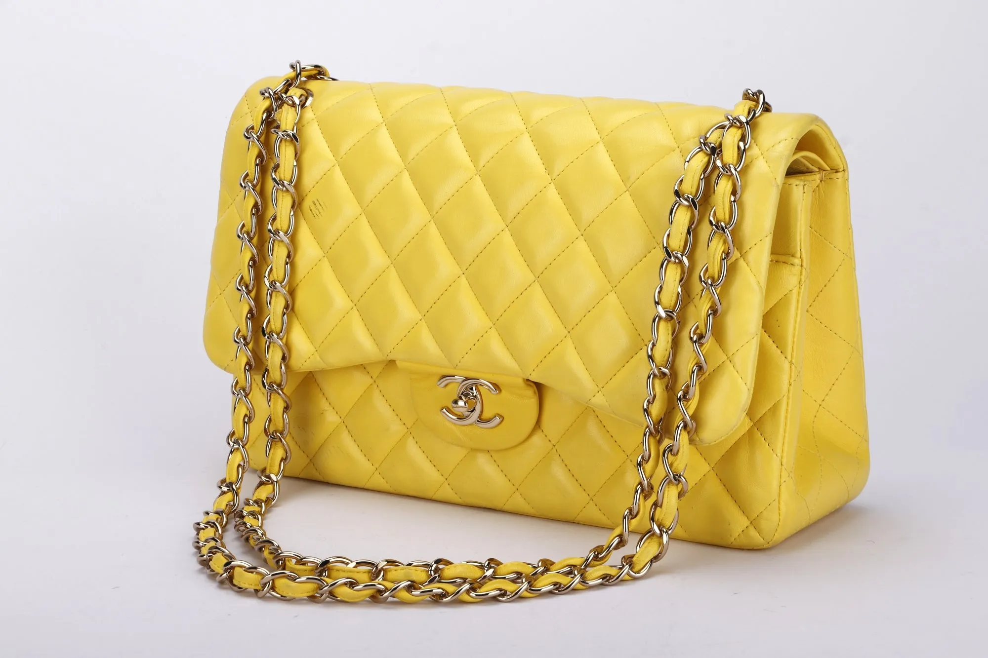 Chanel Classic Flap (1596xxxx) Jumbo Yellow Lambskin, Light Gold Hardware, with Card, no Dust Cover