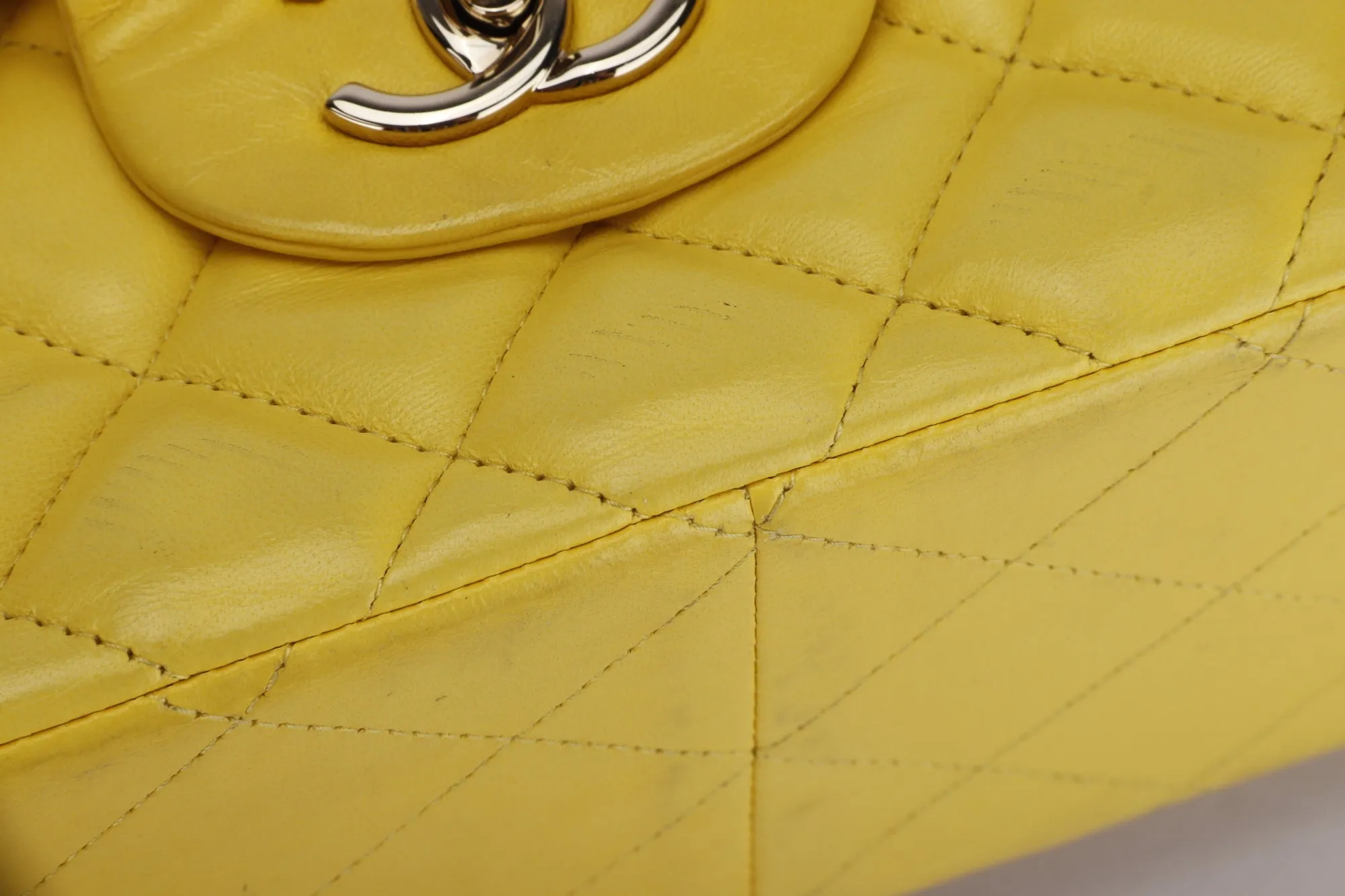 Chanel Classic Flap (1596xxxx) Jumbo Yellow Lambskin, Light Gold Hardware, with Card, no Dust Cover