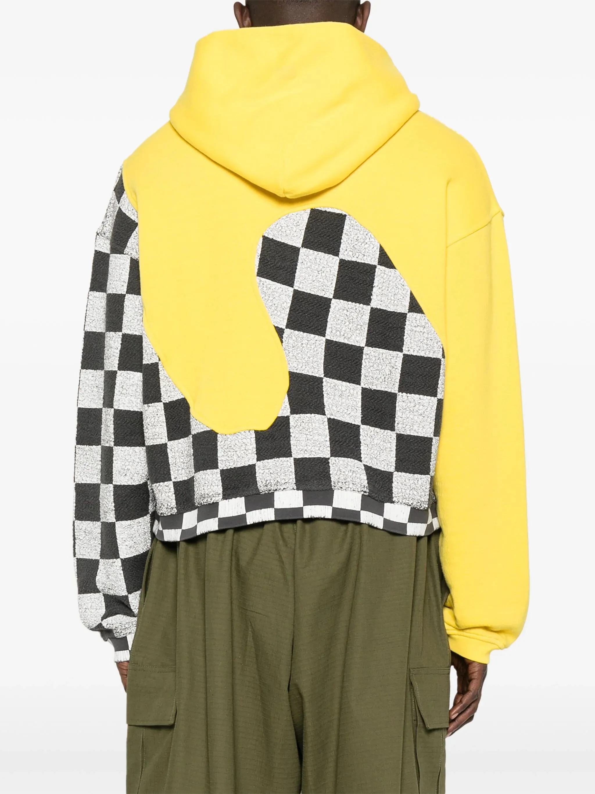 Check-Pattern Panelled Cotton Hoodie