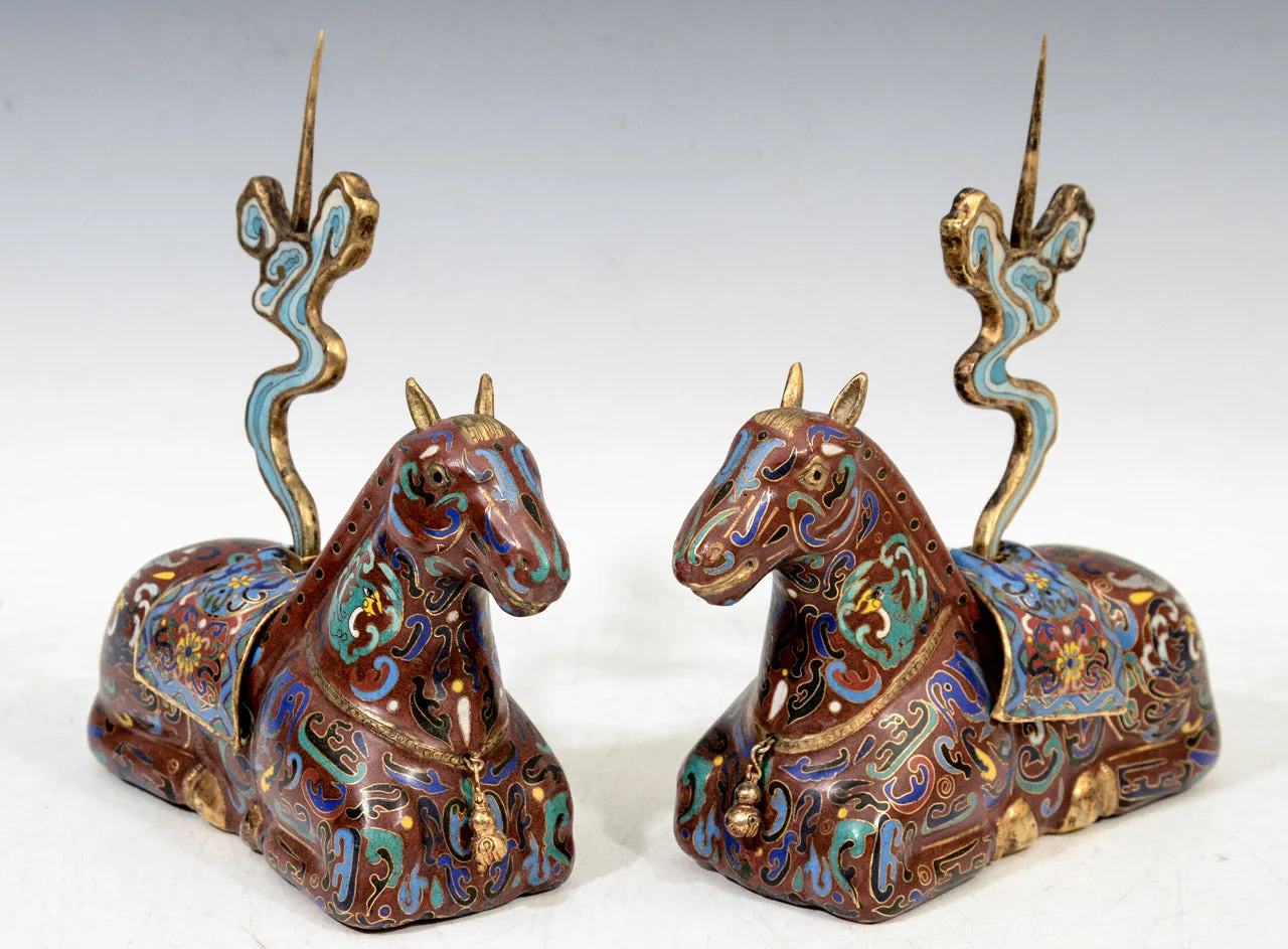 Chinese Cloisonne Sculptural Horse Incense Holders, Pair