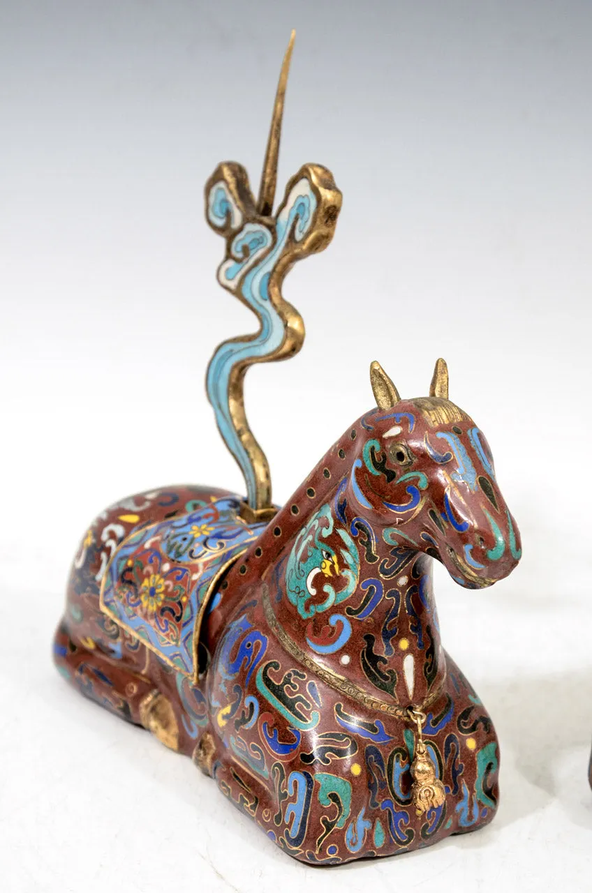 Chinese Cloisonne Sculptural Horse Incense Holders, Pair