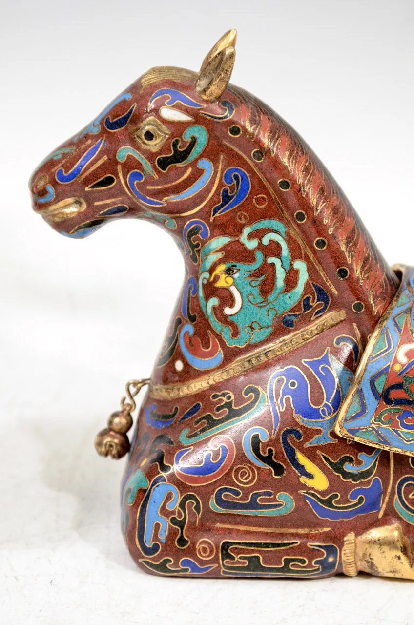 Chinese Cloisonne Sculptural Horse Incense Holders, Pair