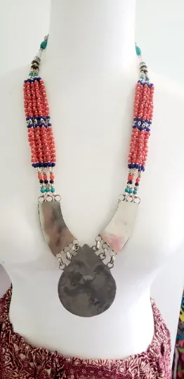 Chunky Women Gemstone Necklace, Bohemian Jewelry, Vintage Neckpiece, Statement Tribal Fusion Jewelry, Indian Style, Gypsy Jewelry