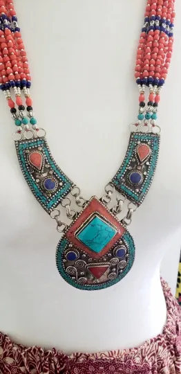 Chunky Women Gemstone Necklace, Bohemian Jewelry, Vintage Neckpiece, Statement Tribal Fusion Jewelry, Indian Style, Gypsy Jewelry