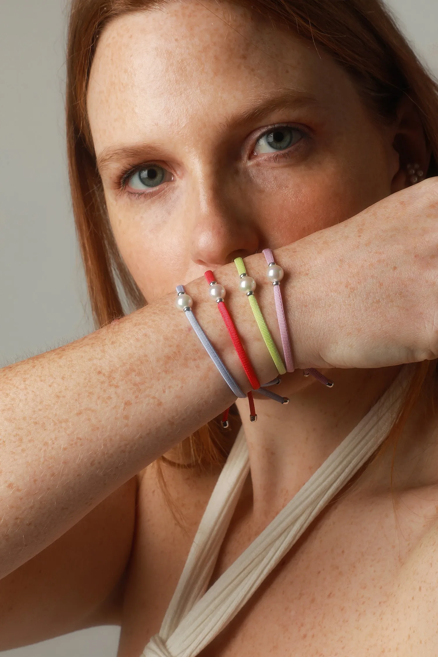 Coral Red Elastic Bracelet for Women with Organic Pearl, 8mm Round White Pearl, Adjustable 7.8 Length, Sifnos Collection