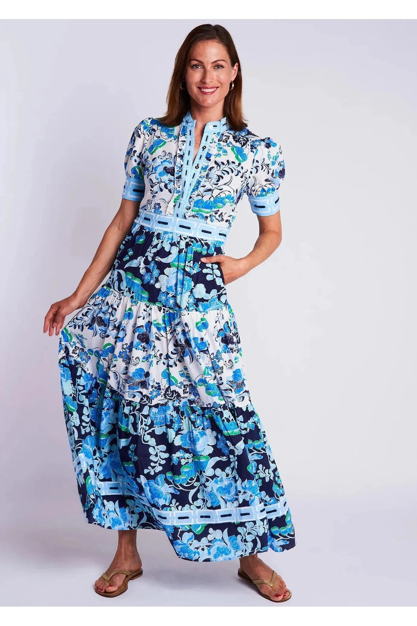 Cordelia White/Blue Annabelle Short Sleeve Maxi Dress