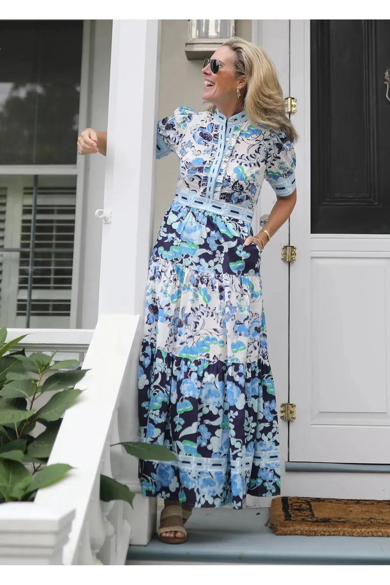 Cordelia White/Blue Annabelle Short Sleeve Maxi Dress