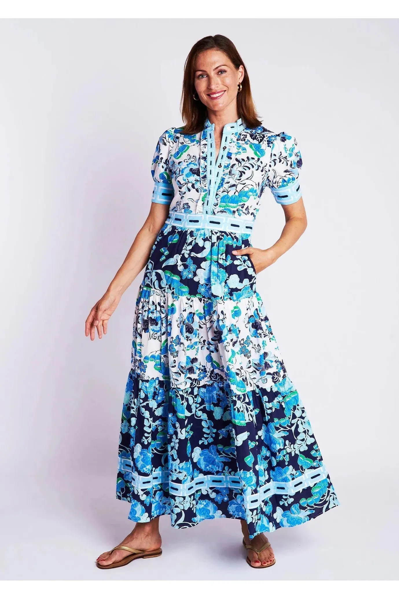 Cordelia White/Blue Annabelle Short Sleeve Maxi Dress